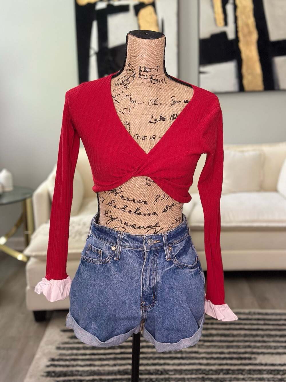 Ribbed Red Long Sleeve Wrap Crop Top with White Ruffled Cuffs